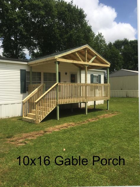 Deck For Trailer House, Porch Plans Mobile Home, Diy Porch For Mobile Home, Gable Porch On Mobile Home, Porch With Peaked Roof, Small Front Porch Ideas For Mobile Homes, Double Wide Front Porch Ideas Steps, Small Front Porch For Mobile Home, Covered Porch Ideas For Mobile Homes