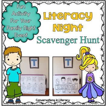 Literacy Night Scavenger Hunt Literacy Night Scavenger Hunt, Literacy Luau, Literacy Night Themes, Family Literacy Night Activities, Literacy Night Activities, Family Games Night, Literacy Week, Principal Ideas, Family Literacy Night