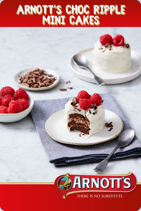 Arnott's Choc Ripple Mini Cake on a plate in the foreground with a spoon beside it. A whole Choc Ripple Mini Cake in the background. Arnotts Biscuits Recipes, Choc Ripple Cake Ideas, Lunch 2023, Chocolate Ripple Cake, Mini Cakes Recipe, Choc Ripple Cake, Easy Mini Cake, Chocolate Ripple Biscuits, Arnotts Biscuits