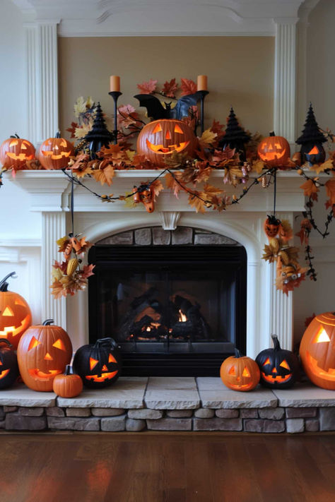 39 Halloween Mantel Decor Ideas To Spookify Your Space Halloween Fireplace Decor Pumpkins, October Fireplace Decor, Halloween Mantels Fireplaces, Mantel Decorating Ideas Halloween, Hall Halloween Decorations, Halloween Decor For Fireplace, The Great Pumpkin Decorations, Fireplace Decor Halloween, Diy Halloween Fireplace Decor