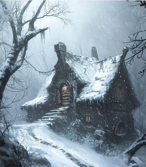 Fantasy Cabin, Witches House, Heavy Snowfall, Fantasy Village, Abstract Art Images, Creepy Houses, Snow Forest, Snow Art, Fantasy Forest