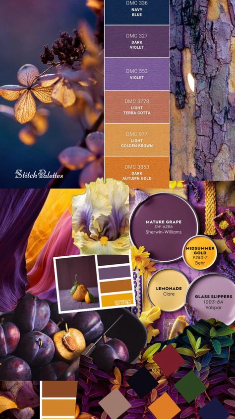 All mixes and values of purple with yellow, gold ocher mustard Yellow Palette, Purple Palette, Purple Color Palettes, Light Golden Brown, Dark Autumn, Yellow And Purple, Glass Slipper, Girl's Room, Mustard Yellow