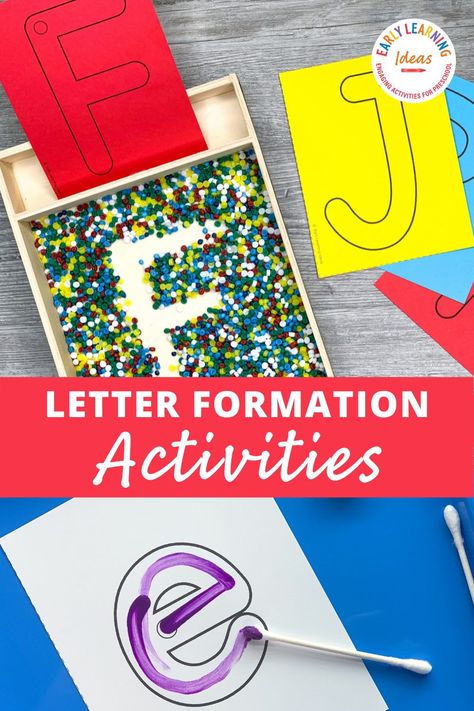 Teach kids correct letter formation with these fun, hands-on activities. Better than a worksheet, use these printable letter cards for engaging alphabet activities. Teach your preschool and pre-k kids how to build uppercase and lowercase letters with proper formation (includes a dot as a visual cue fo the starting point). Find 20 different ideas to use these little letter sheets to teach the basic skills that will help your kids with handwriting letters. Letter Formation Activities, Letter Reversals, Letter Recognition Activities, Fun Educational Activities, Rainbow Writing, Early Literacy Activities, Phonemic Awareness Activities, Pre Writing Activities, Letters For Kids