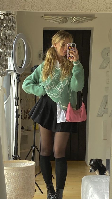 Black Doc Martens, Soft Girl Style, Pink Shoulder Bag, Black Pleated Skirt, White Knit Sweater, Green Vest, Dark Academia Aesthetic, White Button Up, Tennis Skirt