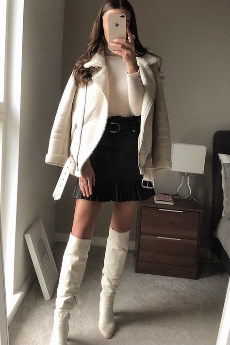 Outfits With Long White Boots, Cream White Boots Outfit, Long Cream Boots Outfit, Cream Leather Boots Outfit, Cream Boots Outfit Summer, Long White Boots Outfit Winter, Cream Knee Boots Outfit, Cream Over The Knee Boots Outfit, White Over The Knee Boots Outfit