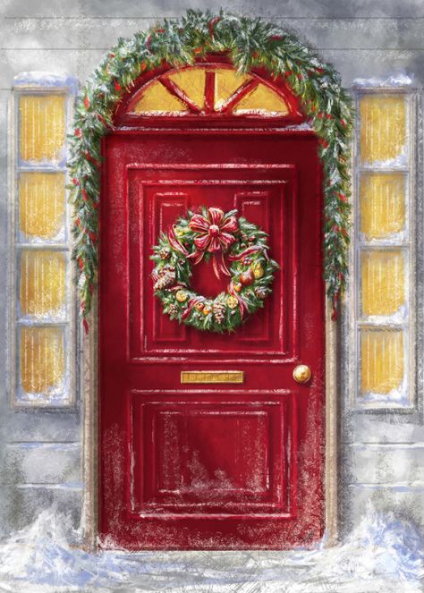 Vintage Christmas Images, Advocate Art, Christmas Drawing, Red Door, Christmas Scenes, Noel Christmas, Christmas Mood, Vintage Christmas Cards, Christmas Paintings