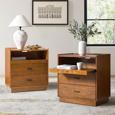 This set of two mid-century modern nightstands brings both style and functionality to your bedroom or living room. Each nightstand features two smooth-gliding drawers with wood grain patterns on the fronts, offering ample storage for your nighttime essentials. A pull-out tray provides extra surface space when needed. Crafted from engineered wood, these nightstands have a vintage aesthetic that complements modern and eclectic spaces. Equipped with button-activated LED lighting strips and built-in Nightstand 2 Drawer, Bedside Tables With Drawers, Solid Wood Nightstand, Large Nightstand Ideas Master Bedrooms, Night Stands Bedroom Bedside Tables, Book Nightstand, Nightstand Build, Hotel Nightstand, Nightstands Ideas Bedside Tables