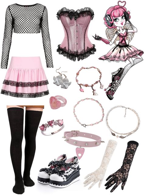 Heart Core Outfits, Primadonna Aesthetic Outfits, Draculora Inspired Outfits, Cupid Outfit Ideas, Draculora Outfit Ideas, Catty Noir Inspired Outfit, Cupid Ever After High Costume, Lovecore Outfit Aesthetic, Dark Lovecore Outfit