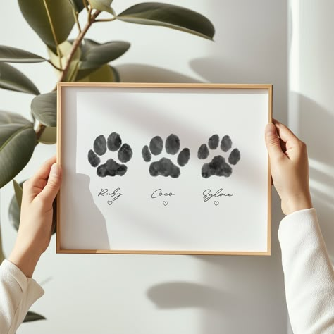 THIS IS A DIGITAL PRODUCT A beautiful keepsake print of your beloved pets paw prints, or a thoughtful gift idea! - HOW TO ORDER - 1. Add any details in the personalisation section including name/text and or date 2. Complete order 3. Send me through the photos of your pets paws via Etsy message 4. I will send you a draft within 48 hours 5. Once approved I will upload the file to your Etsy order. That's it! - NOTE - ✿ Draft files will be sent within 48hrs of purchase via Etsy message ✿ No physical Art With Dog Paws, Dogs Memorial Ideas, Halloween Dog Paw Art, Dog Footprint Art, Cute Dog Crafts, Dog Paw Print Craft, Paw Print Keepsake, Paw Print Art, Dog Keepsake