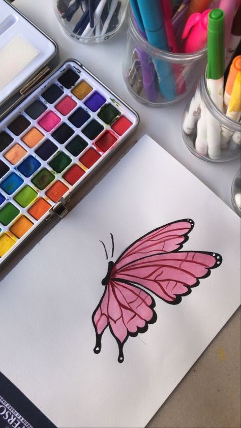 Butterfly Watercolor Painting, Painting Clipart, Painting Canvases, Butterfly Watercolor, Watercolor Painting, Crayon, Markers, Butterflies, Pink