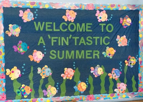 School Beach Theme Bulletin Boards, Pre K Summer Bulletin Boards, July Bulletin Boards For Daycare, Floating Into Summer Bulletin Board, June Bulletin Board Ideas For Toddlers, Summer Toddler Bulletin Boards, June Board Ideas, Fishing Bulletin Board Ideas, End Of Summer Bulletin Board Ideas