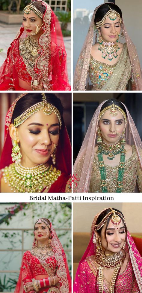 Matha Patti is an integral part of the Bridal look. It is an elaborated version of a maang tikka, worn along the forehead. Although it is a piece of traditional jewellery, it has become a style statement now. From the gorgeous oversized ones, multi-layered to the lightweight ones, it is quite a task to pick one. Here’s our curated list of trendy Matha-Patti designs which will steal the hearts of soon-to-be-brides. #mathapatti #indianbrides #bridetobe #weddingsonly #indianwedding #wedding #makeup Mata Patti Bridal, Bridal Tikka Indian, Mathapatti Brides Hairstyle, Bridal Hairstyles With Matha Patti, Brides With Mathapatti, Indian Bride Hairstyle With Matha Patti, Indian Bride Headpiece, Hairstyles With Matha Patti Wedding Bride, Matha Patti With Open Hair