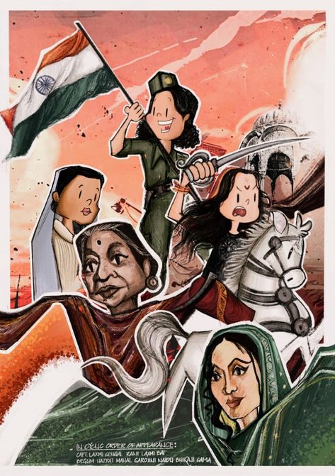 The illustration depicts women from the Indian Freedom struggle to gain independence. The Illustration comprises of illustrations of Captain Laxmi Sehgal. Rani Lakshmi Bai, Begum Hazrat Mahal, Sarojini Naidu, Bikaji Cama. Freedom Struggle Drawing, Begum Hazrat Mahal, Rani Lakshmi Bai, Indian Freedom Struggle, Lakshmi Bai, Women Freedom Fighters, Sarojini Naidu, Women Freedom, Freedom Fighters Of India