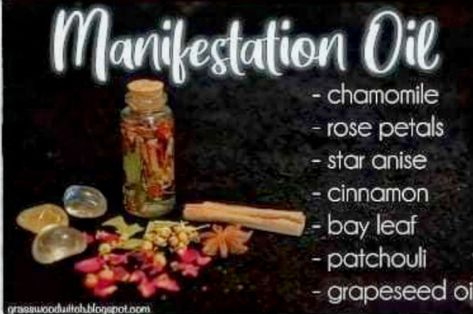 Manifestation Oil Recipe, Magic Oil Recipes, Magick Oil Recipes, Magical Oils Recipes, Hoodoo Oil Recipes, Spell Oil Recipe, Spells In A Jar, Herbs For Manifestation, Manifestation Spell Jar