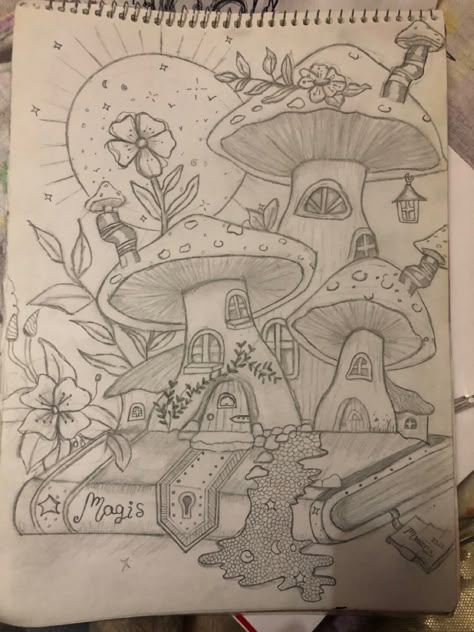 Easy Forest Sketch, Cute Easy Sketches For Beginners, Art Drawings Ideas Creative Sketchbooks, Detailed Art Drawings, Fairy Land Drawing, Cool Mushroom Drawing, Fairy Drawings Easy, Fairy Garden Sketch, Cottagecore Drawing Ideas