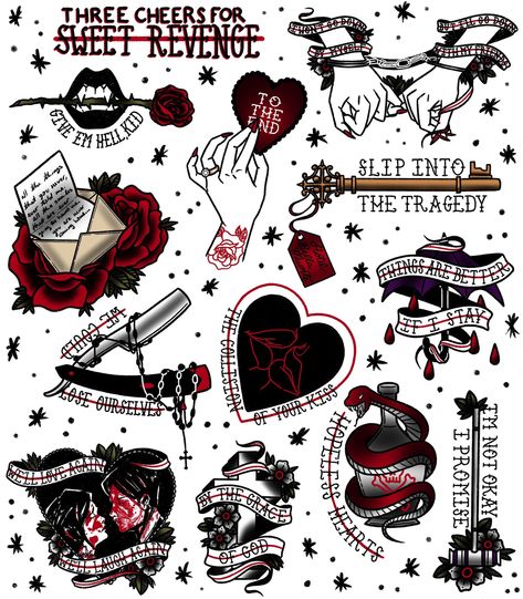 flash tattoos for Three Cheers for Sweet Revenge Tattoo Ideas Emo, My Chemical Romance Albums, Flash Art Tattoos, Tato Flash, Emo Tattoos, Tattoo Band, 10 Tattoo, Full Tattoo, Kunst Tattoos