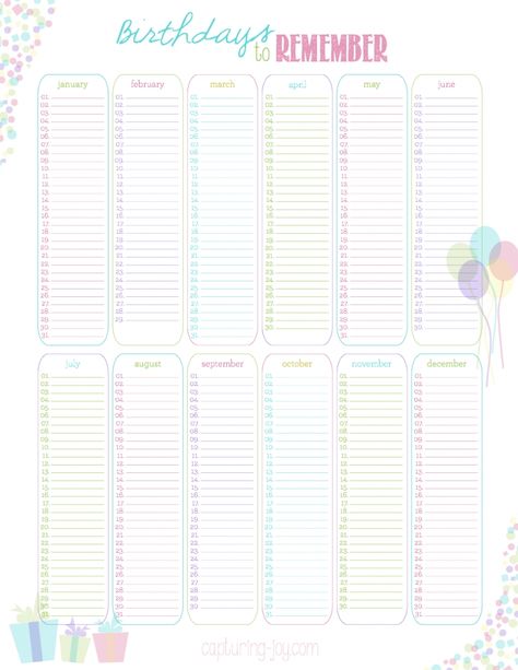 Free 12 Month Birthday Calendar Template For certain circumstances, you can need a calendar that is more than simply a new monthly or yearly choice. Calendars are a good daily prompt for clie... Calendar Free Printable, Printable Yearly Calendar, Birthday Planner, To Do Planner, Template Birthday, Birthday Reminder, Pretty Printables, Home Management Binder, Diy Calendar