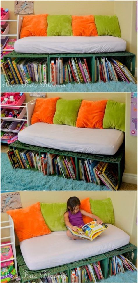 Recycle plastic boxes to make a beautiful reading space for your kids #kids Book Loft, Bookshelf Bench, Cozy Area, Old Cribs, Reading Nook Kids, Reading Spot, Crate Shelves, Milk Crate, Carpentry Skills