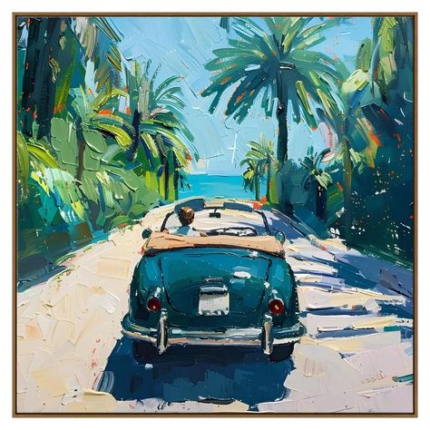 Ride in a convertible in Mallorca on Artfully Walls #vintage #car #travel #coastal #landscape #stellarspaces #styleithappy #dreamhome  #interiorlovers #designinspo #decorinspo #interiordecor #interiordesign  #artfullywalls #gallerywall #gallerywallinspo #artprints #stellarspaces #homeinspiration #styleithappy #interiorlovers #interiorstyling #styleithappy #artfullywalls #gallerywall #gallerywalldecor #gallerywallinspo #artprints #affordableart #affordableartprints #wheretobuyart Road With Palm Trees, Paintings Scenery, Mallorca Aesthetic, Acrylic Aesthetic, American Scene Painting, Room Texture, Paintings Beautiful, Seaside Shops, Aesthetic Canvas