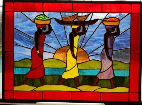 THREE JAMAICAN LADIES Glass Painting Patterns, L'art Du Vitrail, Beginners Painting, Afrique Art, African Paintings, Glass Painting Designs, Afrikaanse Kunst, African Art Paintings, Three Women