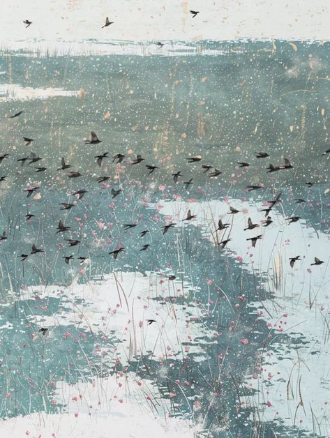 The image is a painting of a large flock of birds flying over a frozen lake. The birds are mostly black, with a few white ones ->> more details in ai-img-gen.com Flock Of Birds Flying, Bird Flock, Black Birds, Migratory Birds, Mural Ideas, Flock Of Birds, Frozen Lake, Cloud Painting, White Clouds