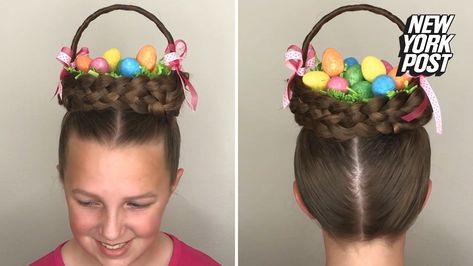 Turn your head into an Easter basket with this cute hairstyle Basket Hairstyle, Crazy Hair For Kids, Wacky Hair Days, Going Out Hairstyles, Wacky Hair, Crazy Hair Day At School, Easter Hair Bow, Crazy Hair Days, Hair St