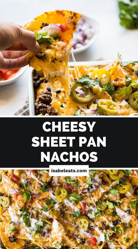 Cheesy Sheet Pan Nachos loaded with melted shredded cheese, seasoned ground meat, black beans, corn, and all your favorite toppings! Ready from start to finish in only 25 minutes, they're one of the best snacks to serve on game day or a quick and easy dinner that the whole family will love! Nachos With Shredded Cheese, Cottage Cheese Nachos, Cheesy Nachos Recipe, Healthy Small Bites, Nachos Loaded, Sheet Pan Nachos, Homemade Chorizo, Nacho Recipes, Pan Nachos