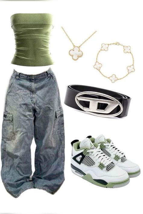 Outfit With Retro 4 Jordans, Green Outfit Streetwear, How To Style Jordan 4, Retro 4 Outfits, Retro 4 Outfit, Outfit With Jordan 4, Green Shirt Outfit Ideas, Jordan Retro 4 Outfits, Outfit Ideas Jordans