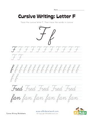 cursive letter F worksheet F In Cursive, Letter F Worksheet, F Worksheet, Cursive F, Cursive Letter F, Cursive Practice Sheets, Calligraphy Writing Styles, Cursive Worksheets, Name Writing Practice