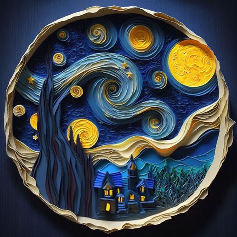 Starry Night Paper Quilling, Starry Night Quilling, Quilling Paper Art Ideas, Paper Quilling Designs Easy, Paper Cutout Design, Quilling Art Ideas, Quilling Painting, Paper Quilling Ideas, Quiling Paper Art