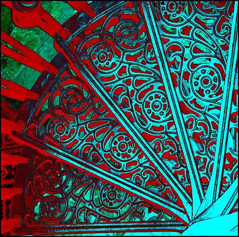 Love the colors, patterns, and textures in this spiral staircase. Turquoise And Red Aesthetic, Teal Staircase, Terezi Aesthetic, Teal And Red Aesthetic, Red And Teal Aesthetic, Red Door House, Red And Aqua, Red And Turquoise, Blue Aesthetic Pastel