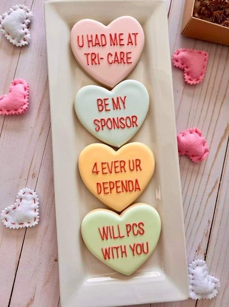 Funny military themed valentine cookies, candy heart styled Funny Valentines Cookies, Heart Warrior Cookies, Funny Valentines Day Cookies, Funny Conversation Hearts, Conversation Heart Cookies Funny, Funny Military, Funny Pilot, Heart Sugar Cookie, Bento Cakes