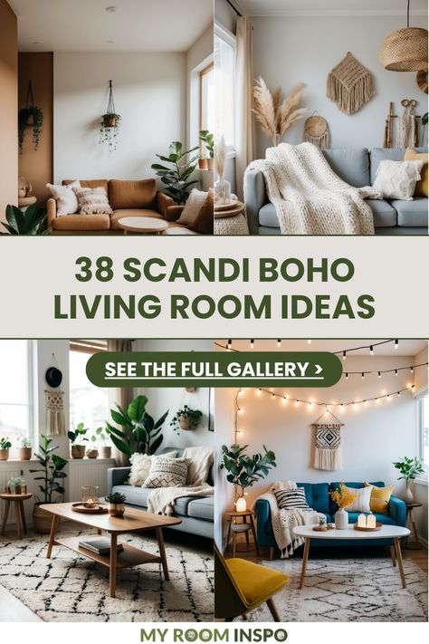 A visually appealing pin featuring 38 Scandi Boho living room ideas. This pin showcases calming colors, minimalistic decor, and homely settings across 4 images—highlighting the blend of Nordic simplicity and bohemian style. Perfect for homeowners seeking inspiration! Mountain Chic Decor Living Room, Boho Airy Living Room, Scandi Living Room Rug, Scandi Boho Living Room Inspiration, Scandi Chic Living Room, Boho Scandinavian Decor, Living Room Designs Small Spaces Boho, Scandinavian Lighting Living Room, Boho Living Rooms Ideas