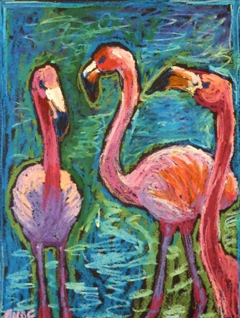 Original Oil Pastel Painting by Ande Hall: Three Flamingoes. Chalk Pastel Art, Soft Pastel Art, Pastel Artwork, Oil Pastel Paintings, Flamingo Art, Oil Pastel Art, Oil Pastel Drawings, Chalk Pastels, Pastel Drawing