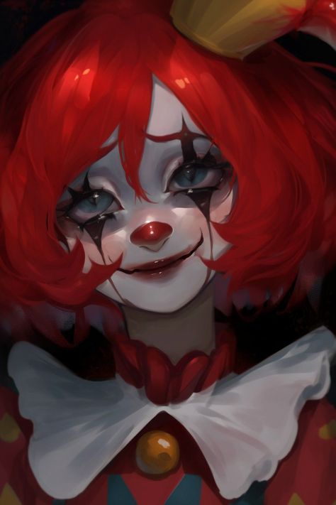 Anime Clown Art, Clown Character Art, Clown Concept Art, Girl Clown Drawing, Clown Anime Icon, Clown Girl Drawing, Clown Girl Art, Clown Oc Art, Character Digital Art