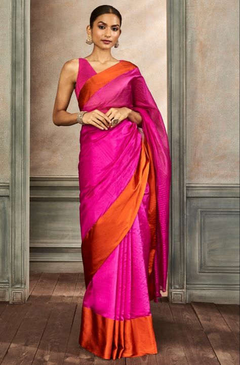 Henna Party Outfit, Hot Pink Saree, Kajol Saree, Wedding Sarees Online, Handloom Weaving, Anita Dongre, Henna Party, Latest Designer Sarees, Orange Saree