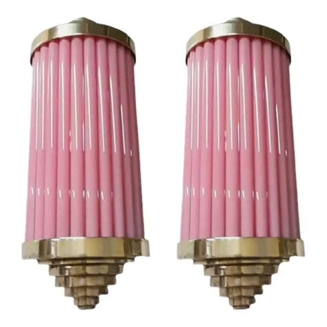 1940s Vintage Art Deco Skyscraper Wall Sconces Fixture in Brass & Pink Glass - Set of 2 | Chairish Art Deco Skyscraper, Ship Light, Pink Art Deco, Deco Lighting, Royal Art, Old Lamps, Maximalist Decor, Art Deco Lighting, Art Deco Chandelier