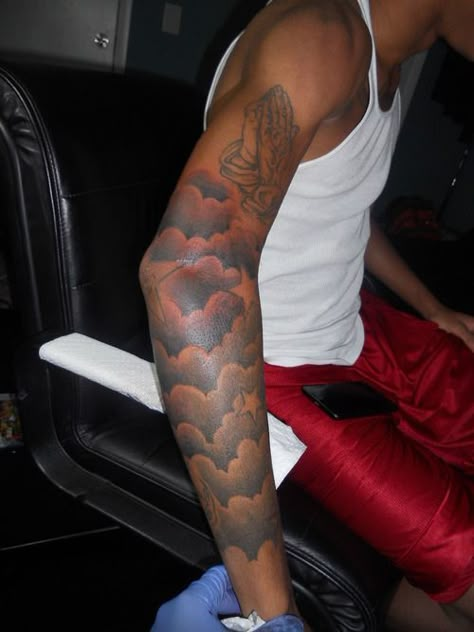 Shaded Arm Sleeve Tattoo, Forearm Sleeve Clouds, Cloud Arm Sleeve Tattoo, Cloud Tattoo With Stars, Clouds And Roses Tattoo, Forearm Tattoo Men Sleeve Clouds And Stars, Arm Cloud Tattoo Men, Star Half Sleeve Tattoo, Red Clouds Tattoo