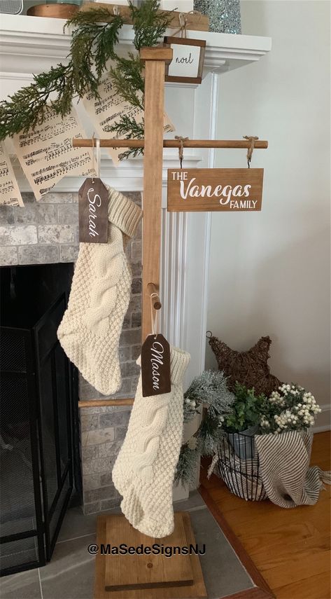 Stocking Holder No Mantle, North Pole Stocking Holder, Vertical Stocking Holder, How To Hang Christmas Stockings On Wall, Wood Projects That Sell Ideas Diy Crafts, Stocking Stand Diy, Stocking Holders Diy, Stocking Holders Standing Diy, Diy Stocking Holder Stand