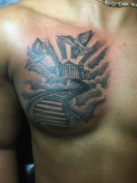 Stairway to heaven chest tattoo Heaven Chest Tattoo Men, Stairway To Heaven Tattoo Chest, Small Chest Tattoo Men Ideas, Dove Chest Tattoo Men, Pec Tattoo Men Ideas, Heaven Chest Tattoo, Right Chest Tattoo Men, Center Chest Tattoo, Half Chest Tattoo Men Ideas