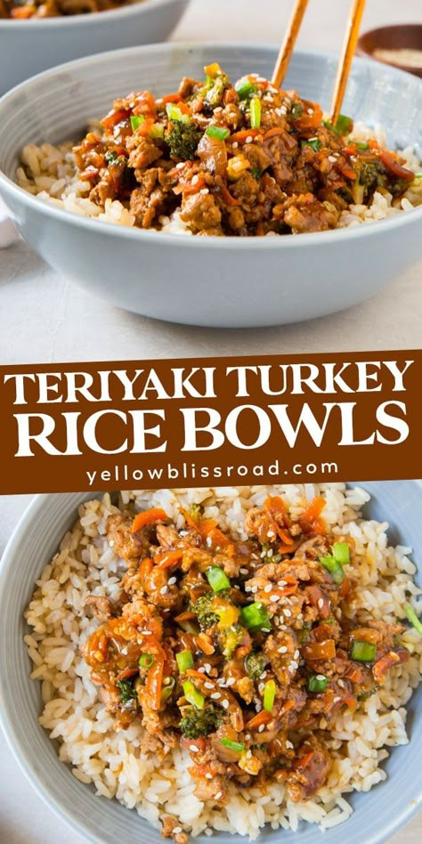 Teriyaki Turkey Rice Bowl, Turkey Rice Bowl, Ground Turkey Recipe, Teriyaki Turkey, Rice Bowls Healthy, Ground Turkey Recipes Easy, Turkey Rice, Ground Turkey Recipes Healthy, Healthy Ground Turkey