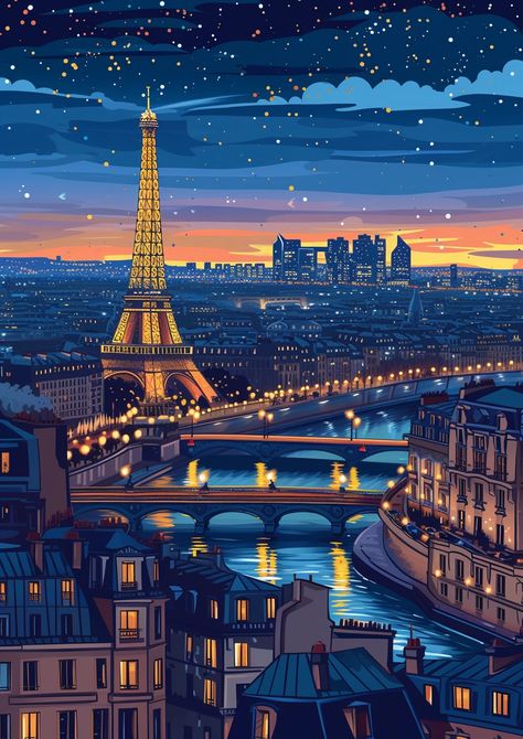 🚀✨Travel Wall Art with Midjourney Prompts - Click on the Link in my Bio🔗👈 Blue Paris Aesthetic, Travel Digital Art, Paris Night Aesthetic, Map Art Illustration, Travel Wallpapers, Eiffel Tower At Night, Paris Illustration, Paris Wallpaper, City Cartoon