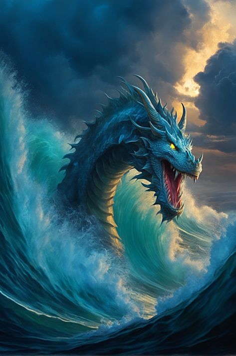 Water Dragon Fantasy Art, Leviathan Monster Sea Dragon, Sea Serpent Aesthetic, Sea Dragon Mythical, Aquatic Dragon, Blue Sea Dragon, Water Serpent, Raging Sea, Mythical Sea Creatures