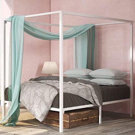 Zinus Patricia White Metal Framed Canopy Four Poster Platform Bed Frame / Strong Steel Mattress Support / No Box Spring Needed, Full Tall Platform Bed, Metal Canopy Bed, Canopy Bed Frame, Canopy Frame, Metal Canopy, Mattress Foundation, Queen Bed Frame, Mattress Support, Four Poster