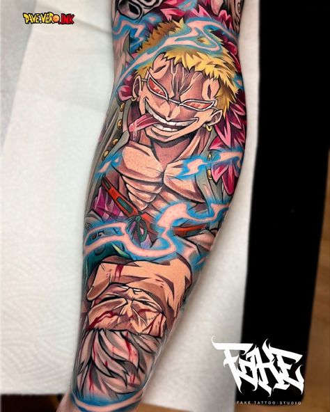 Doflamingo Tattoo Ideas, Doflamingo Tattoo, Leg Tattoo Design, Marvel Tattoo Ideas, One Piece Tattoo, Body Modification Piercings, Flamingo Tattoo, Piece Tattoo, One Piece Tattoos