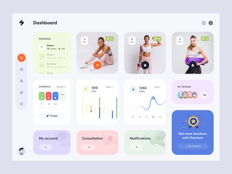 Fitness Tracking Dashboard by Yev Ledenov for Ledo on Dribbble Fitness Dashboard, Fitness Tracker App, Ui Design Dashboard, Fitness Tracking, Health And Fitness Apps, App Interface Design, Website Design Layout, Health App, App Interface