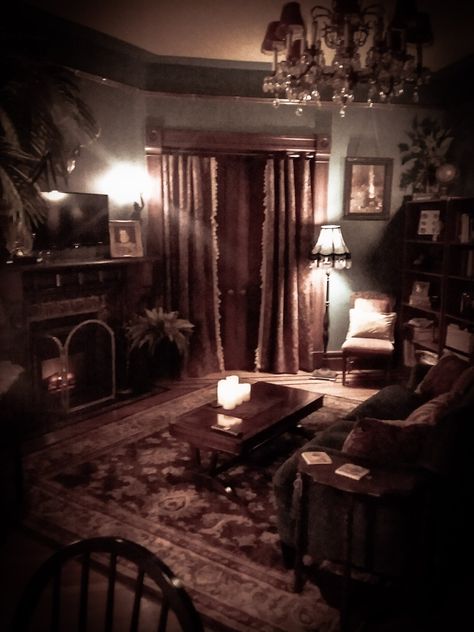 Our living room. No, for real! I always wanted to live in an old house, and I am so thankful that we've been able to make that dream come true! I'm so glad that my home life inspires my work life, and vice versa. A lot of hat designs have been imagined here! Creepy Study Room, Creepy Living Room Aesthetic, Creepy Apartment Aesthetic, Haunted House Aesthetic Interior, Haunted Living Room, Old Fashioned House Interior, Creepy House Interior, Grunge Living Room Aesthetic, Scary Room Aesthetic