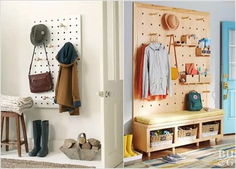 Pegboard storage for entryway/mudroom Peg Board Mudroom, Mudroom Pegboard, Pegboard Entryway, Entryway Pegboard, Entryway 2023, Hallway 2023, Entryway Solutions, Dream House Entryway, Inn Ideas