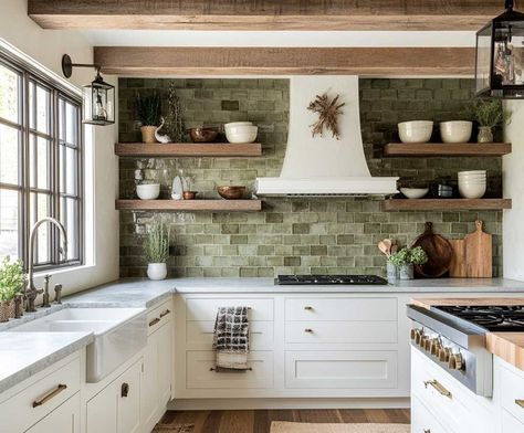 11+ Calming Backsplash Ideas for White Cabinets with Green Hues • 333+ Inspiring Lifestyle Ideas White Cabinets With Sage Backsplash, Green Splash Back Kitchen White Cabinets, White Cabinets With Colored Backsplash, White And Green Backsplash, Cream Cabinets Green Backsplash, White Cabinets With Green Backsplash, White Kitchen Cabinets With Green Backsplash, Wood Cabinets With Green Backsplash, Green Backsplash White Cabinets