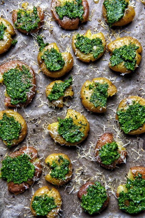 Smashed Potatoes with Vegan Cilantro Dill Pesto Herb Pesto, Crispy Smashed Potatoes, Smashed Potatoes, Garlic Herb, Potato Recipes, Side Dish Recipes, Granola, Food Dishes, Pesto